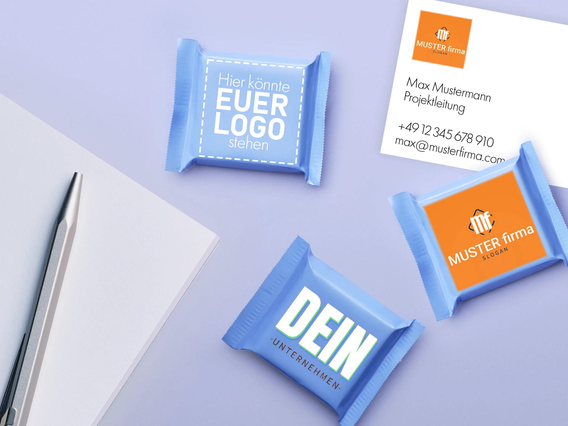 Notizblock, Visitenkarte und personalisierte Schokolade für Geschäftskunden.