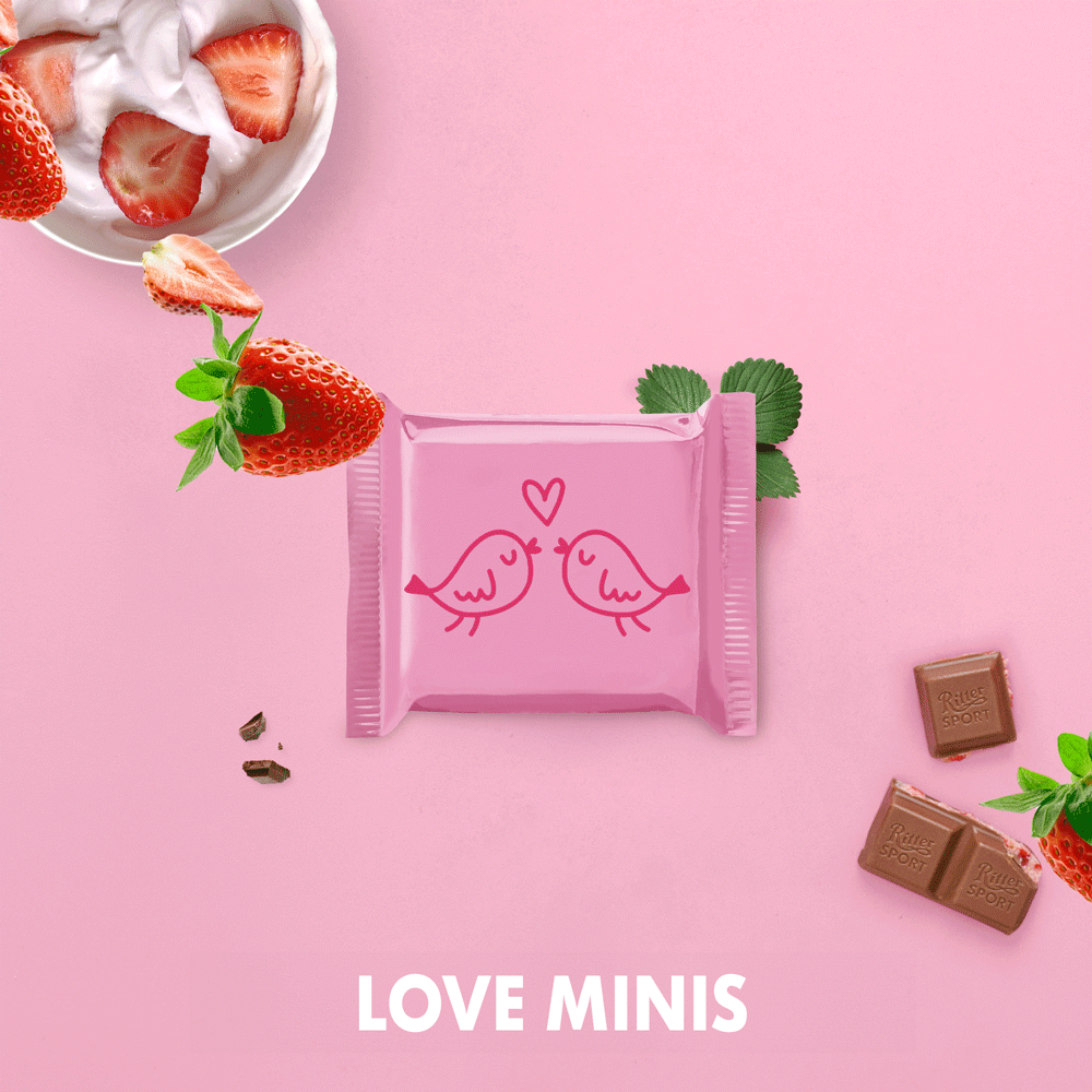 Animiertes Bild der Ritter Sport Love Minis mit Herzmotiven – ideal zum Valentinstag oder als Liebesgeschenk